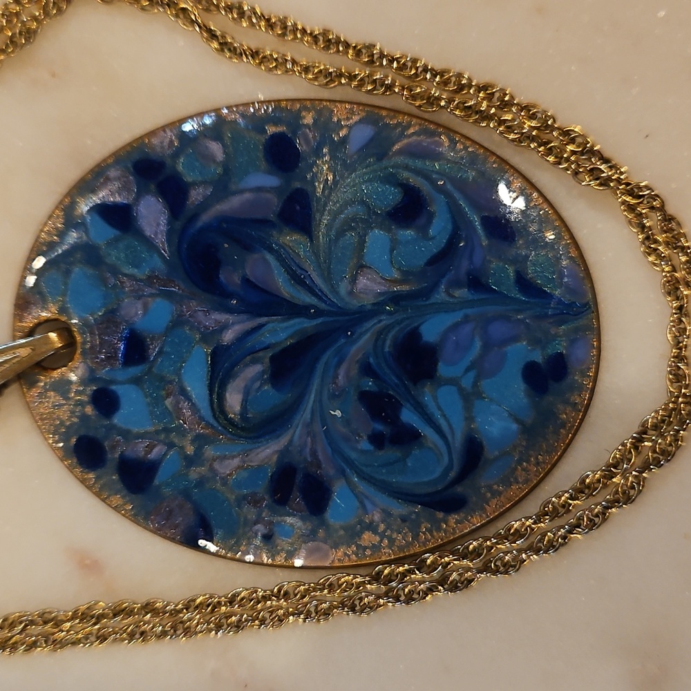 INGA ENAMEL REVERSIBLE ON COPPER  Oval Brown‎ Blues Pendant  Necklace